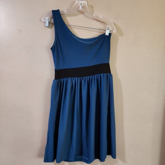 Bebop Womens One Shoulder Dress Size M Blue High Waist Pleated Stretch - Picture 8 of 10